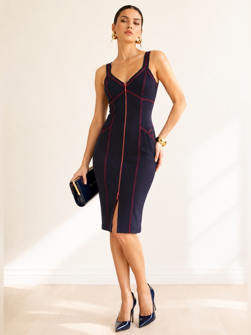 Joseph Ribkoff Futuristic Bodycon Zip Dress Contrast Stitch Statement Pockets 6